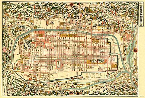 План Киото, перепланированный Хидэёси (север находится слева)