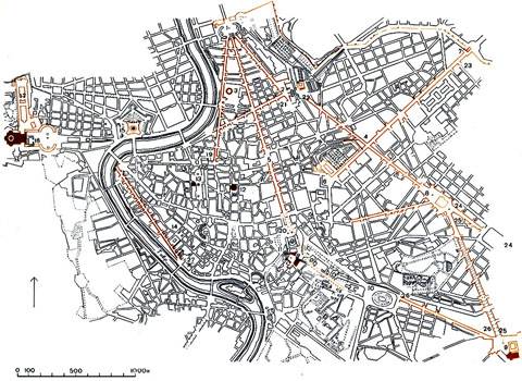 План Рима с выделением улиц, проложенных в 16-17 вв.