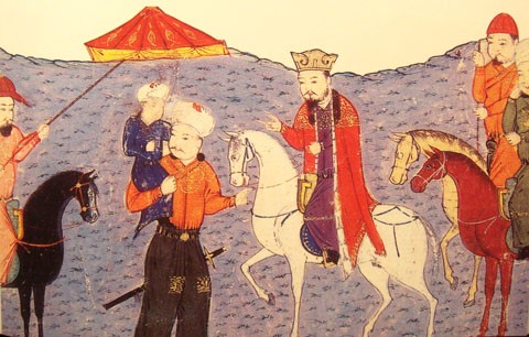 Четвертый ильхан государства хулагуидов Аргун стоит перед белым конём. На его плече Газан. Верхом на белом коне отец Аргуна Абага-хан. Миниатюра 14 века